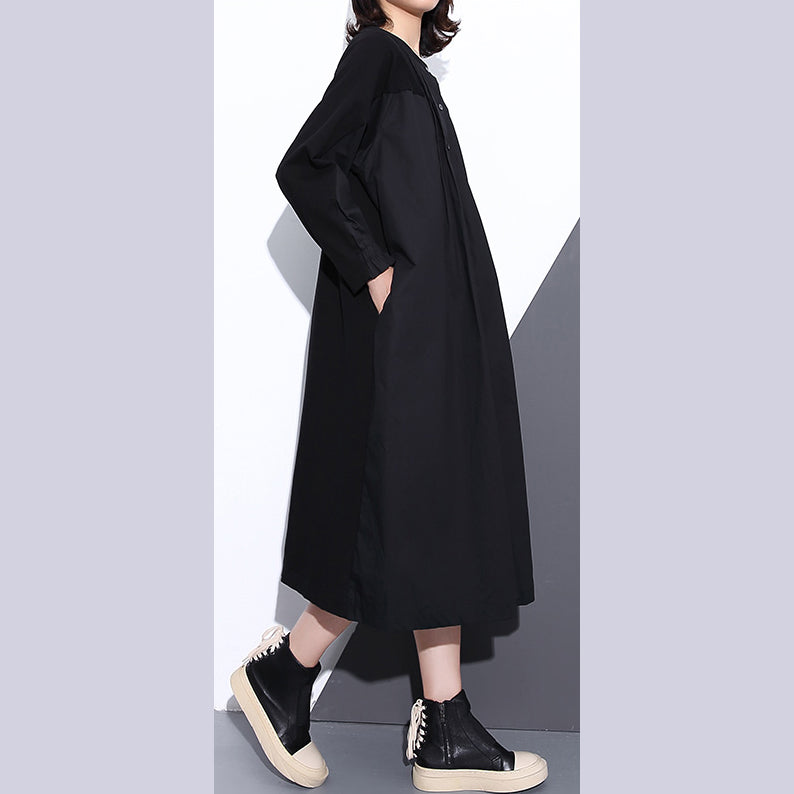 feine schwarze Mäntel plus Größe Stehkragen Taschen Patchwork Baggy Coat