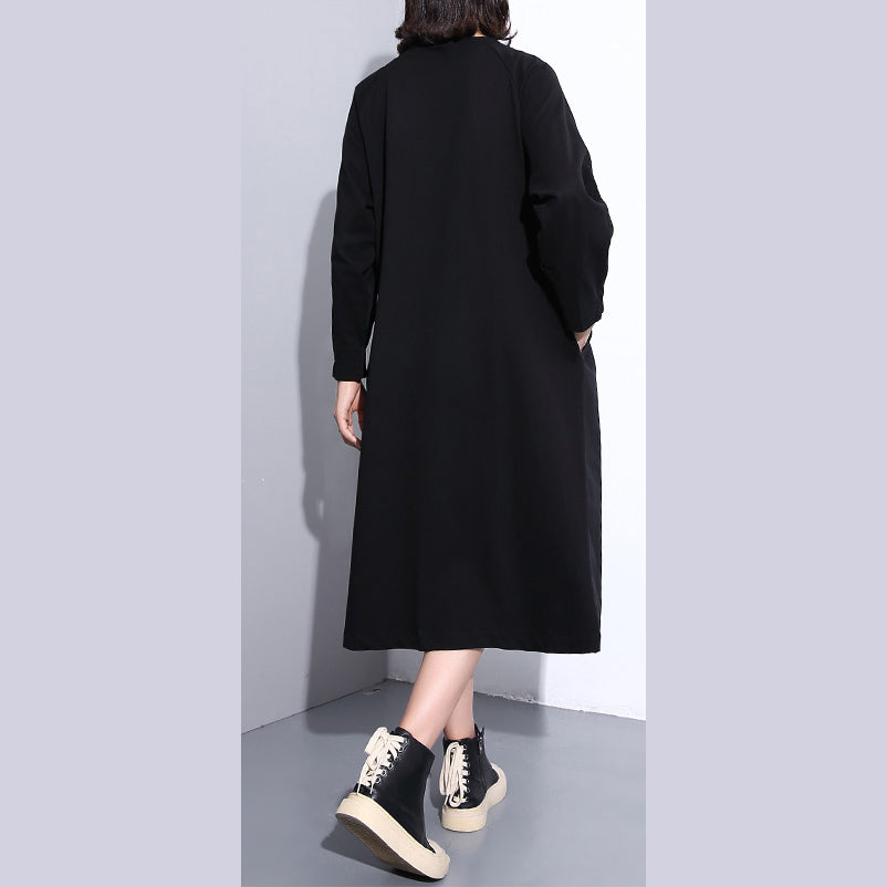 feine schwarze Mäntel plus Größe Stehkragen Taschen Patchwork Baggy Coat
