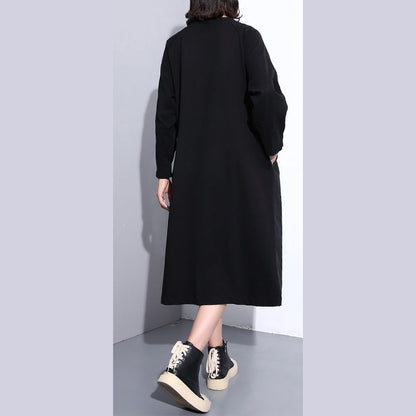 feine schwarze Mäntel plus Größe Stehkragen Taschen Patchwork Baggy Coat