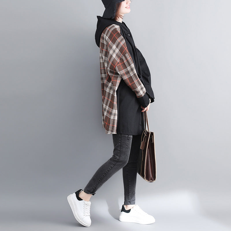 feiner schwarzer Baumwollmantel für Damen in Übergröße mit Kapuze, mittellange Jacken, Patchworkjacke