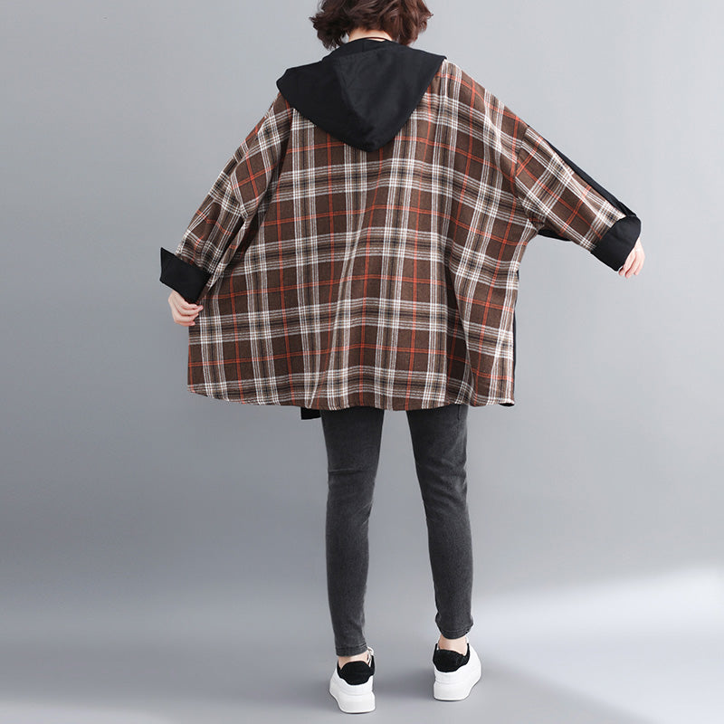 feiner schwarzer Baumwollmantel für Damen in Übergröße mit Kapuze, mittellange Jacken, Patchworkjacke