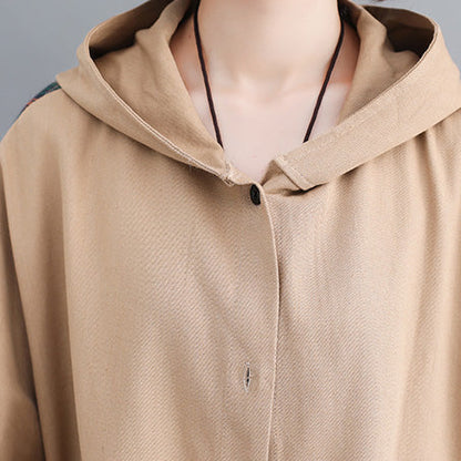 feiner schwarzer Baumwollmantel für Damen in Übergröße mit Kapuze, mittellange Jacken, Patchworkjacke