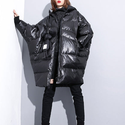 feine schwarze Daunenjacke Plus Size Kapuzenmantel aus Baumwolle Elegante Reißverschlusstaschen über dem Mantel