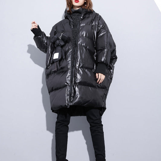 feine schwarze Daunenjacke Plus Size Kapuzenmantel aus Baumwolle Elegante Reißverschlusstaschen über dem Mantel