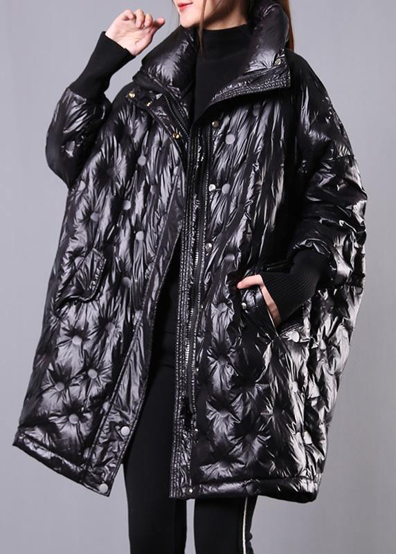 fine black duck down coat plus size stand collar winter jacket Batwing Sleeve New overcoat - SooLinen