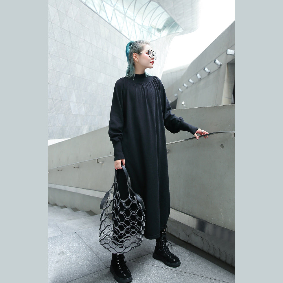feines schwarzes Herbstkleid Plus Size Kleidung Stehkragen 2018 Taschen Baggy Kleider
