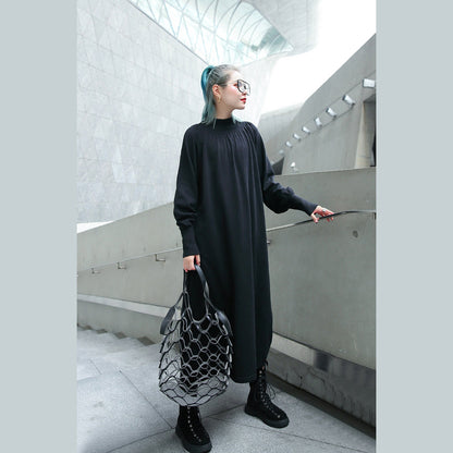 feines schwarzes Herbstkleid Plus Size Kleidung Stehkragen 2018 Taschen Baggy Kleider