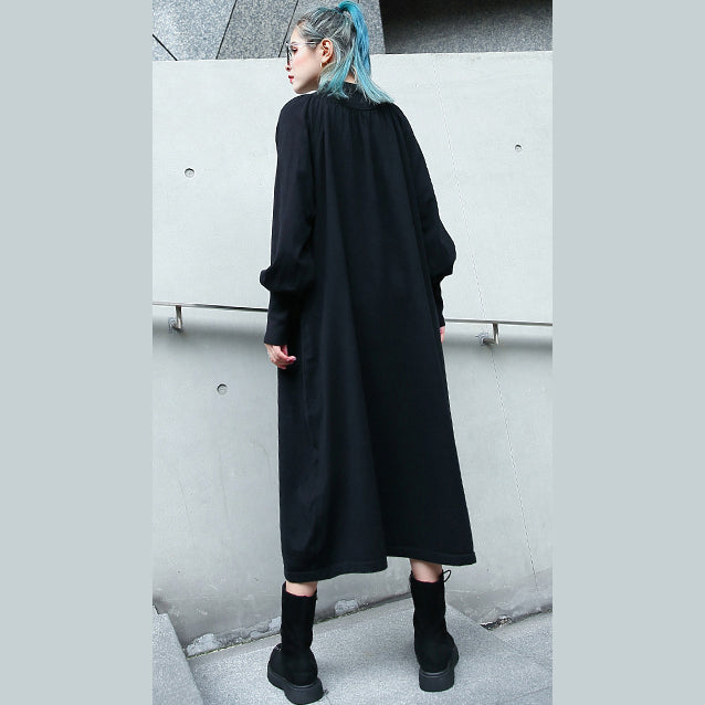 feines schwarzes Herbstkleid Plus Size Kleidung Stehkragen 2018 Taschen Baggy Kleider