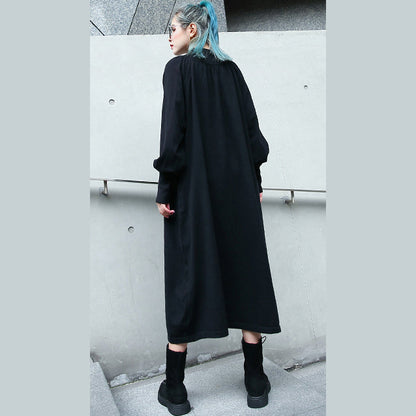 feines schwarzes Herbstkleid Plus Size Kleidung Stehkragen 2018 Taschen Baggy Kleider