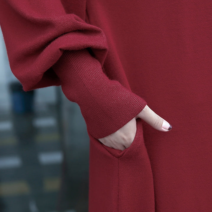 feines schwarzes Herbstkleid Plus Size Kleidung Stehkragen 2018 Taschen Baggy Kleider