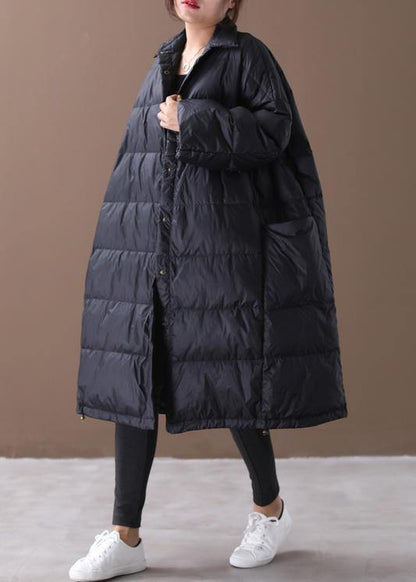 fine black goose Down coat plus size winter jacket stand collar Large pockets overcoat - SooLinen