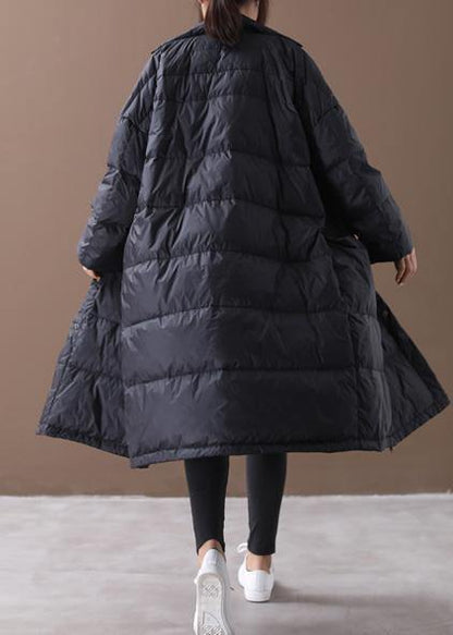 fine black goose Down coat plus size winter jacket stand collar Large pockets overcoat - SooLinen