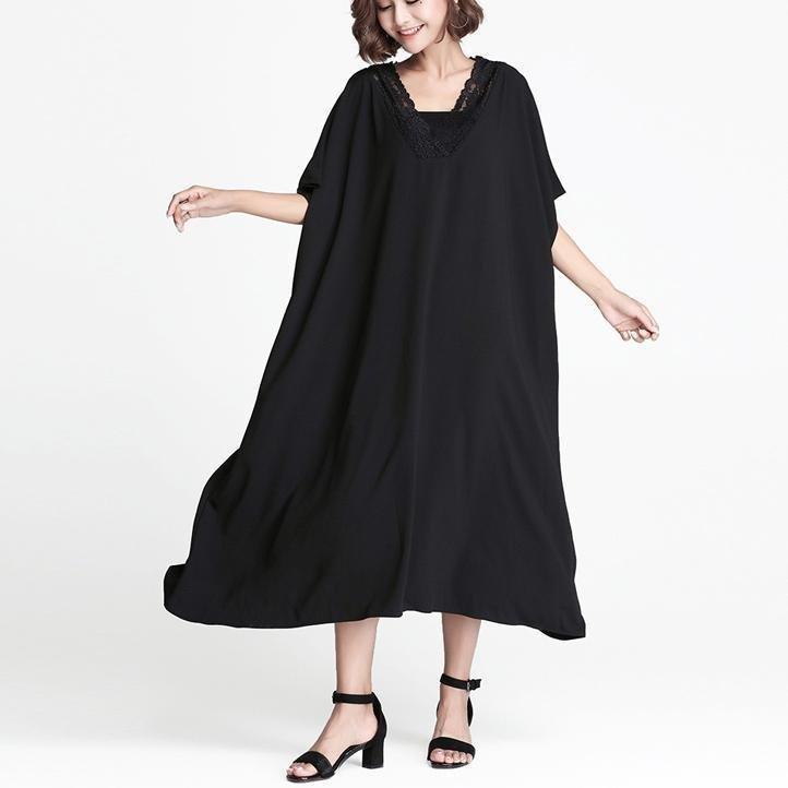 feines schwarzes Leinen Etuikleid lässiges Leinen Maxikleid Damen V-Ausschnitt Patchwork Baumwollkleid