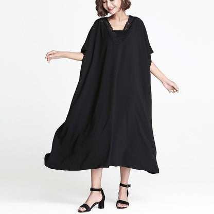 feines schwarzes Leinen Etuikleid lässiges Leinen Maxikleid Damen V-Ausschnitt Patchwork Baumwollkleid