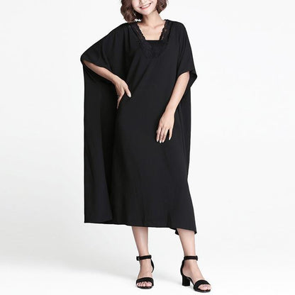 feines schwarzes Leinen Etuikleid lässiges Leinen Maxikleid Damen V-Ausschnitt Patchwork Baumwollkleid