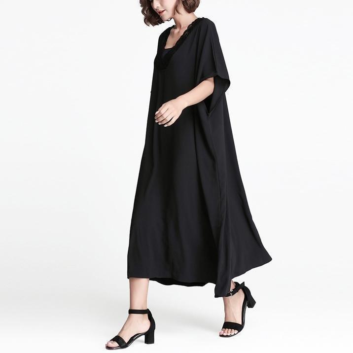 feines schwarzes Leinen Etuikleid lässiges Leinen Maxikleid Damen V-Ausschnitt Patchwork Baumwollkleid