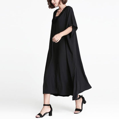 feines schwarzes Leinen Etuikleid lässiges Leinen Maxikleid Damen V-Ausschnitt Patchwork Baumwollkleid