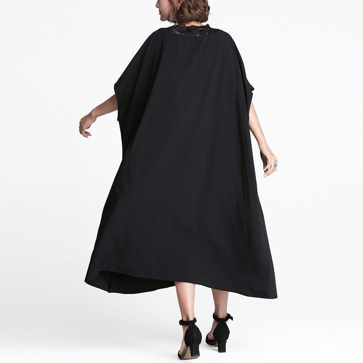 feines schwarzes Leinen Etuikleid lässiges Leinen Maxikleid Damen V-Ausschnitt Patchwork Baumwollkleid