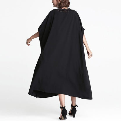 feines schwarzes Leinen Etuikleid lässiges Leinen Maxikleid Damen V-Ausschnitt Patchwork Baumwollkleid