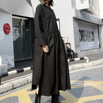 feine schwarze lange Baumwollkleider Locker sitzendes Baumwollkleidungskleid mit Stehkragen Neue Baumwollkaftane mit elastischer Taille