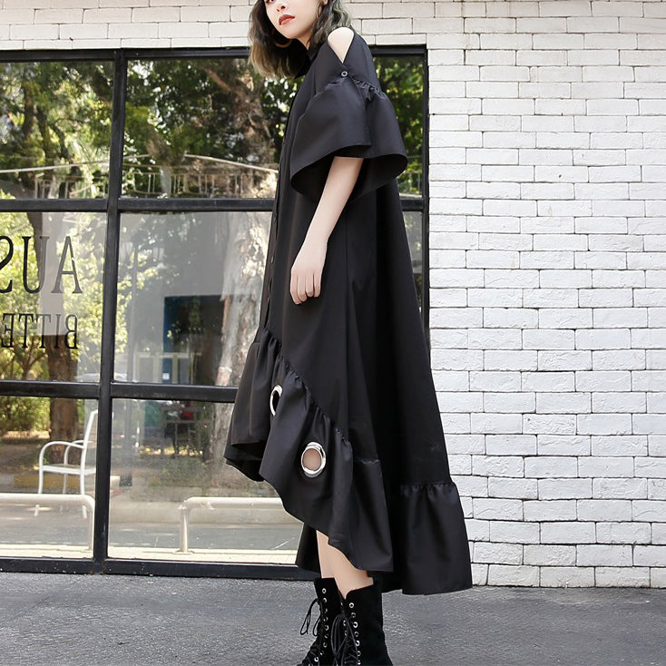 feines schwarzes Patchwork-Maxikleid aus Baumwolle, trendiges Plus-Size-Kleid mit ausgehöhlten Ärmeln, lässiger Baumwollkaftan mit asymmetrischem Saum
