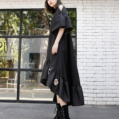 feines schwarzes Patchwork-Maxikleid aus Baumwolle, trendiges Plus-Size-Kleid mit ausgehöhlten Ärmeln, lässiger Baumwollkaftan mit asymmetrischem Saum