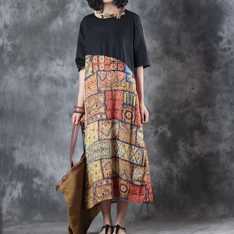 feine schwarze Patchwork-Leinenkleider in Übergröße mit Rundhalsausschnitt, Reisekleid, neue kurzärmelige Baggy-Kleider, Leinenkaftane