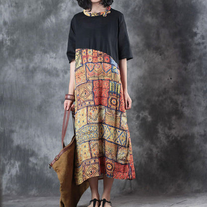 feine schwarze Patchwork-Leinenkleider in Übergröße mit Rundhalsausschnitt, Reisekleid, neue kurzärmelige Baggy-Kleider, Leinenkaftane
