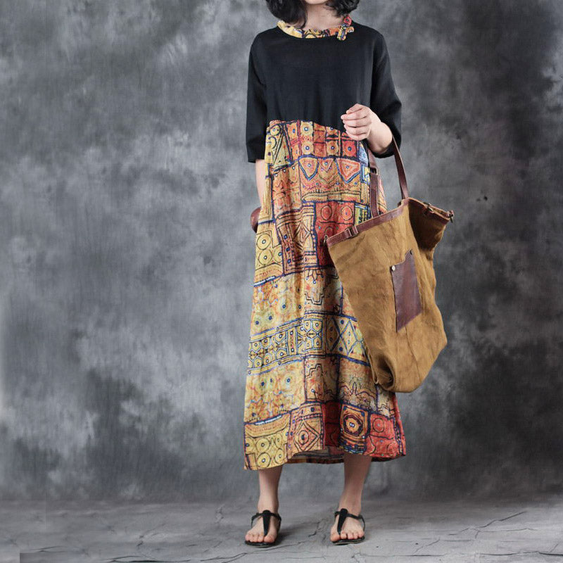 feine schwarze Patchwork-Leinenkleider in Übergröße mit Rundhalsausschnitt, Reisekleid, neue kurzärmelige Baggy-Kleider, Leinenkaftane