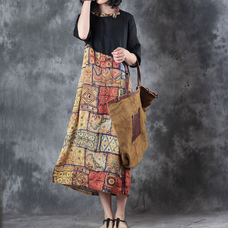 feine schwarze Patchwork-Leinenkleider in Übergröße mit Rundhalsausschnitt, Reisekleid, neue kurzärmelige Baggy-Kleider, Leinenkaftane