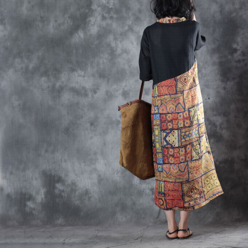 feine schwarze Patchwork-Leinenkleider in Übergröße mit Rundhalsausschnitt, Reisekleid, neue kurzärmelige Baggy-Kleider, Leinenkaftane