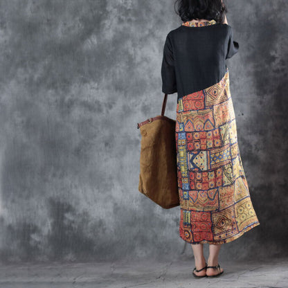 feine schwarze Patchwork-Leinenkleider in Übergröße mit Rundhalsausschnitt, Reisekleid, neue kurzärmelige Baggy-Kleider, Leinenkaftane