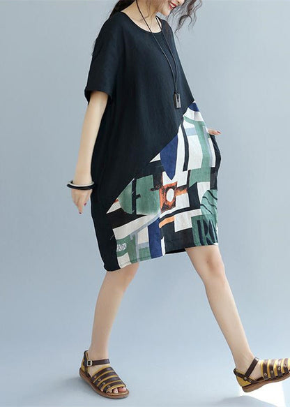 feines schwarzes Patchwork-Leinen-Etuikleid Locker sitzendes Baumwollkleid Elegante kurzärmelige Kniekleider mit Wildprint