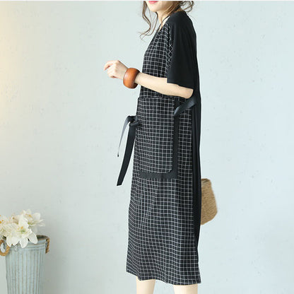 feine schwarze karierte Baumwollkleider in Übergröße Patchwork Reisekleidung 2018 Kleid mit Taillenschnürung