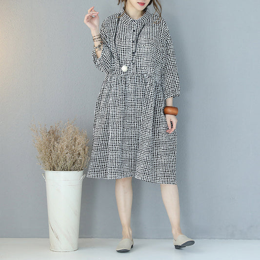 feines schwarzes kariertes Kleid aus reiner Baumwolle, Übergrößen, Hemdkleid, Boutique-Kleid mit Reverskragen, Armbandärmeln, natürliches Baumwollkleid