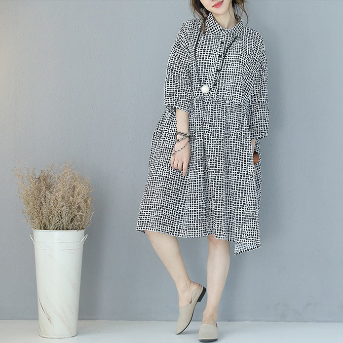 feines schwarzes kariertes Kleid aus reiner Baumwolle, Übergrößen, Hemdkleid, Boutique-Kleid mit Reverskragen, Armbandärmeln, natürliches Baumwollkleid