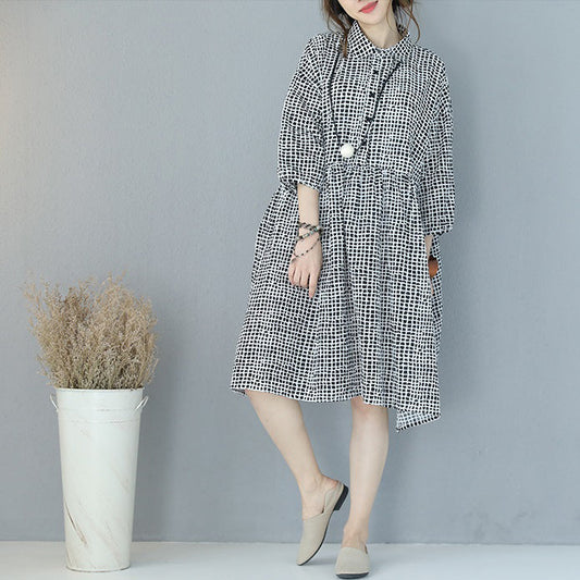 feines schwarzes kariertes Kleid aus reiner Baumwolle, Übergrößen, Hemdkleid, Boutique-Kleid mit Reverskragen, Armbandärmeln, natürliches Baumwollkleid