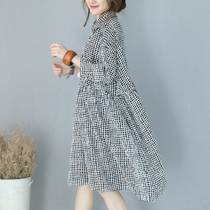 feines schwarzes kariertes Kleid aus reiner Baumwolle, Übergrößen, Hemdkleid, Boutique-Kleid mit Reverskragen, Armbandärmeln, natürliches Baumwollkleid