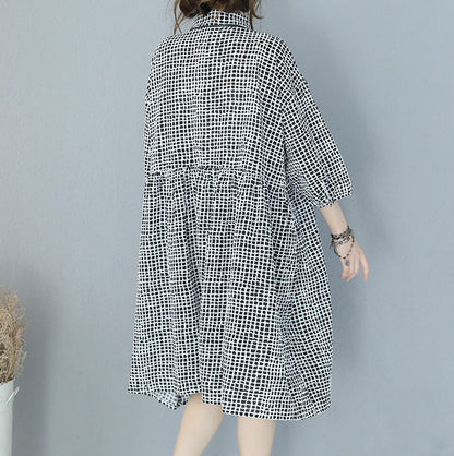 feines schwarzes kariertes Kleid aus reiner Baumwolle, Übergrößen, Hemdkleid, Boutique-Kleid mit Reverskragen, Armbandärmeln, natürliches Baumwollkleid