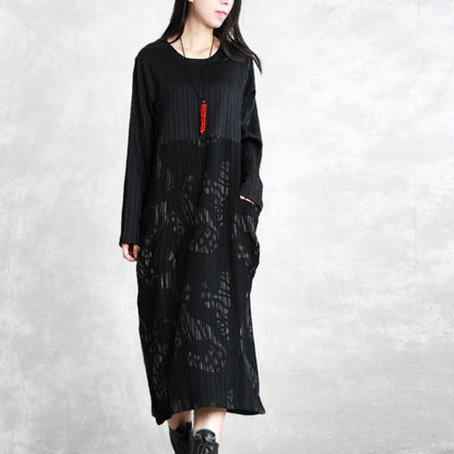 Feines schwarz gestreiftes Herbstkleid aus Baumwollmischung in Übergröße, O-Ausschnitt, Patchwork-Kleid aus Baumwollmischung, lässige Maxikleider mit langen Ärmeln und Taschen