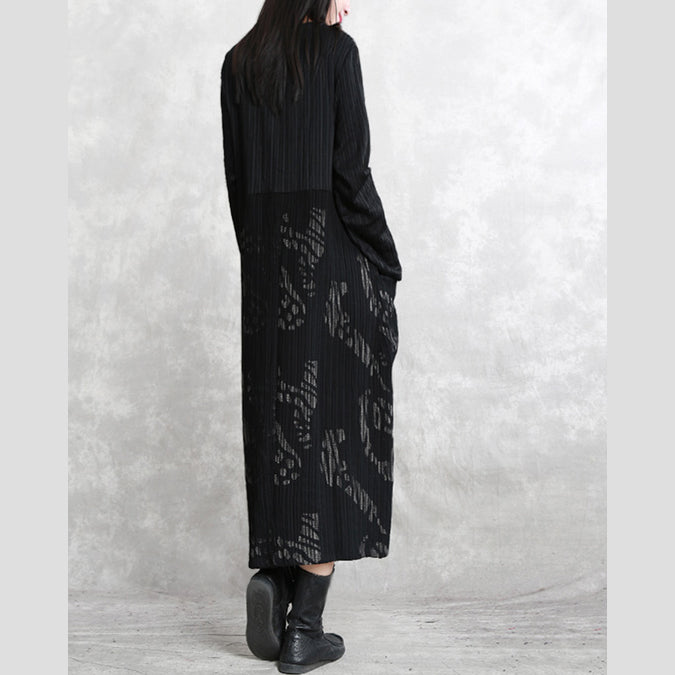 Feines schwarz gestreiftes Herbstkleid aus Baumwollmischung in Übergröße, O-Ausschnitt, Patchwork-Kleid aus Baumwollmischung, lässige Maxikleider mit langen Ärmeln und Taschen