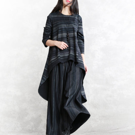 Feine schwarz gestreifte zweiteilige Baumwollmischung in Übergröße, Reisekleidung, Boutique, Langarm-O-Ausschnitt, Taschen, Oberteile, weite Hose aus Baumwollmischung