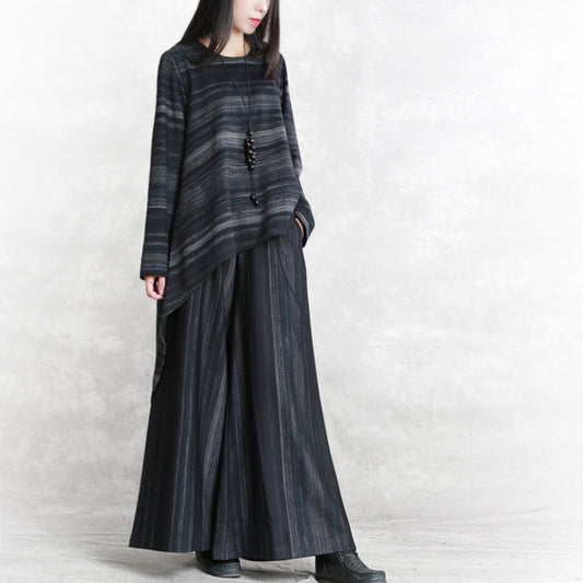 Feine schwarz gestreifte zweiteilige Baumwollmischung in Übergröße, Reisekleidung, Boutique, Langarm-O-Ausschnitt, Taschen, Oberteile, weite Hose aus Baumwollmischung