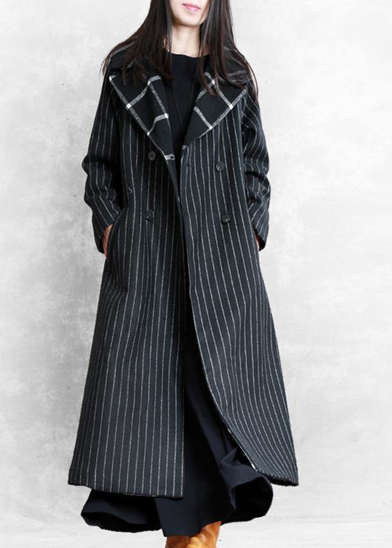 fine black striped wool coat oversized trench coat Notched patchwork - SooLinen