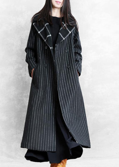 fine black striped wool coat oversized trench coat Notched patchwork - SooLinen
