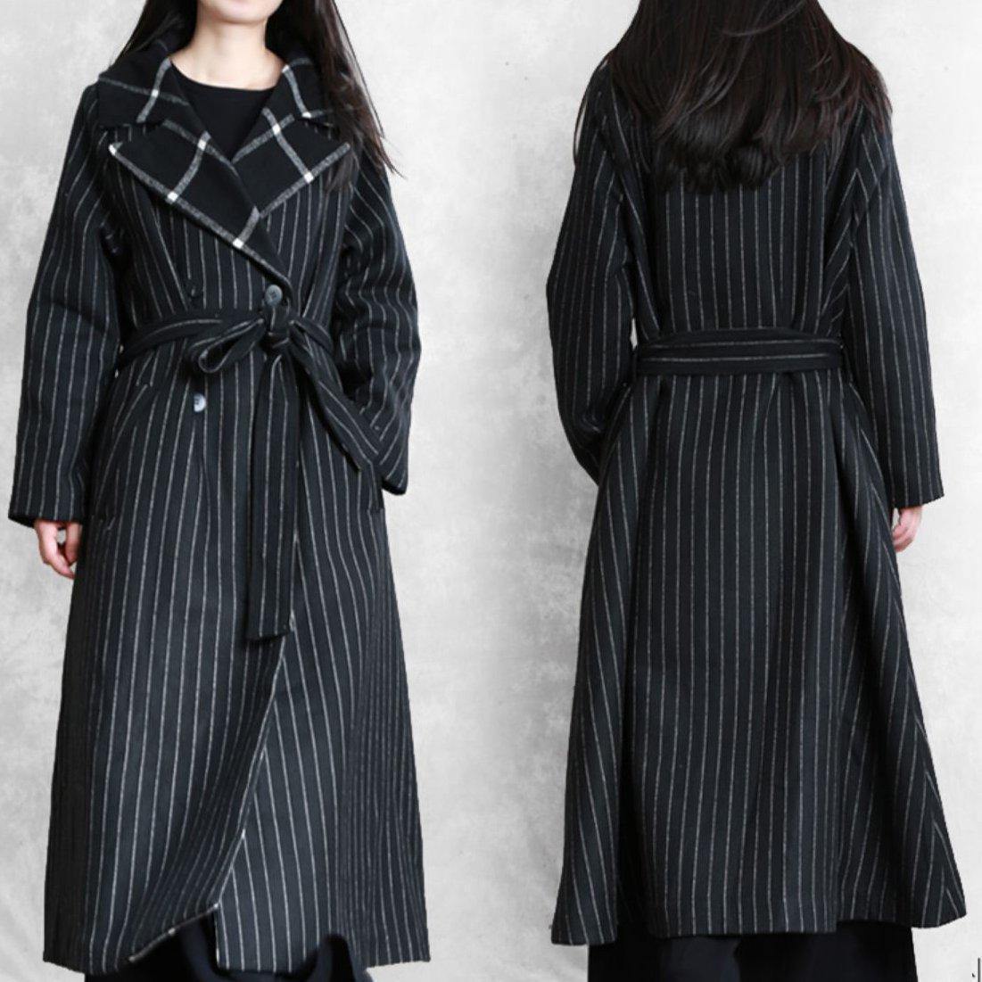fine black striped wool coat oversized trench coat Notched patchwork - SooLinen