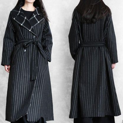fine black striped wool coat oversized trench coat Notched patchwork - SooLinen