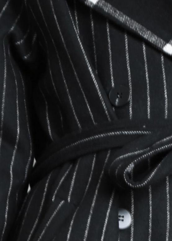 fine black striped wool coat oversized trench coat Notched patchwork - SooLinen