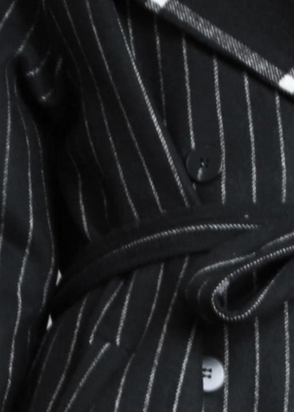 fine black striped wool coat oversized trench coat Notched patchwork - SooLinen