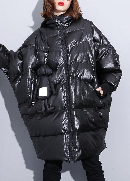 fine black winter outwear plus size Coats hooded zippered overcoat - SooLinen